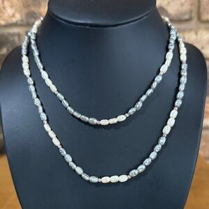 Gray and white faux freshwater rice pearl necklace 34”